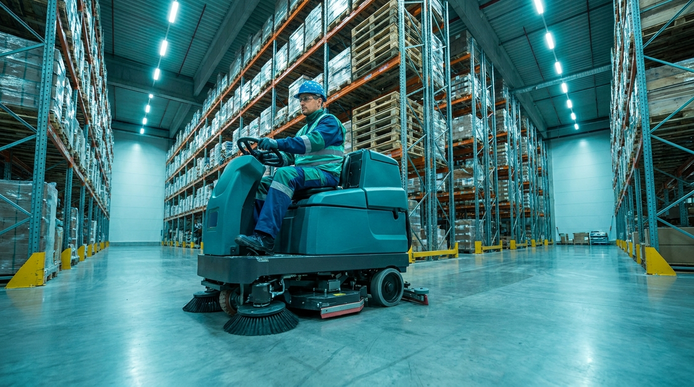 Machinale vloerreiniging in groot logistiek magazijn